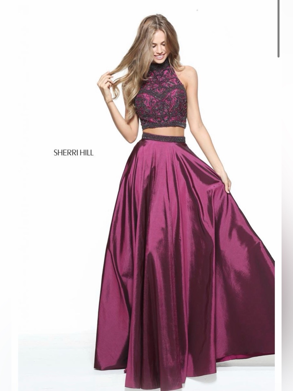 NWT $650 Sherri Hill Plum Two-Piece Embellished Halter Prom Gown Dress Maxi